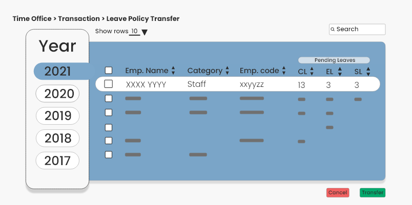 Leave policy transfer screen of smart HRMS where the HR can transfer the previous years leave policy to the current year.